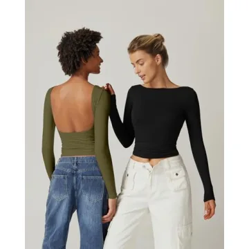 QINSEN Long Sleeve Tee Shirt for Women with Open Back