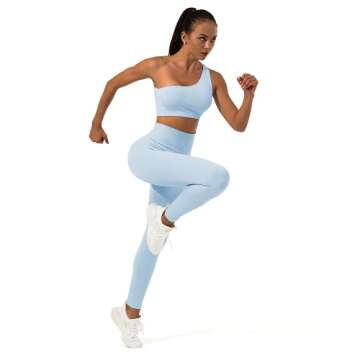 Sportneer Workout Sets for Women 2 Piece, Ribbed Seamless Cute One Shoulder Sports Bra and High Waisted Leggings Matching Gym Yoga Set Outfits Work Out Set Sky Blue S