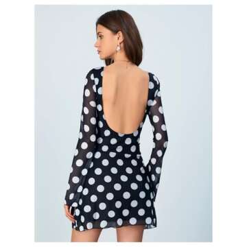 MakeMeChic Women's Leopard Print Dress Y2k Backless Mesh Bell Sleeve Mini Cheetah Print Dress Polka Dots Black Small