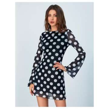 MakeMeChic Women's Leopard Print Dress Y2k Backless Mesh Bell Sleeve Mini Cheetah Print Dress Polka Dots Black Small