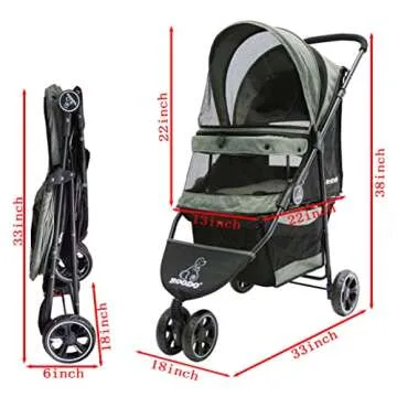 ROODO 3 Wheel Pet Stroller Best Lightweight Foldable Compact Portable Jogger All Terrain Travel Pet Gear Puppy Kitty Stroller for up to 30lbs Medium/Small Dogs and Cats(Cationic ash)