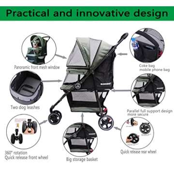 ROODO 3 Wheel Pet Stroller Best Lightweight Foldable Compact Portable Jogger All Terrain Travel Pet Gear Puppy Kitty Stroller for up to 30lbs Medium/Small Dogs and Cats(Cationic ash)