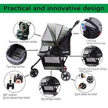 ROODO 3 Wheel Pet Stroller Best Lightweight Foldable Compact Portable Jogger All Terrain Travel Pet Gear Puppy Kitty Stroller for up to 30lbs Medium/Small Dogs and Cats(Cationic ash)