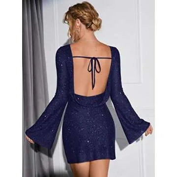 EYNMIN Women's Sparkly Sequin Backless Tie Mini Dress Long Sleeve Glitter Bodycon Party Club Dresses Navy S