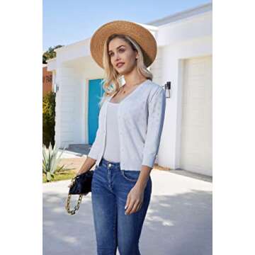 GRACE KARIN Women's 3/4 Sleeve Cropped Bolero Shrugs Button Down Cardigan Open Front Knit Lightweight Sweaters White L