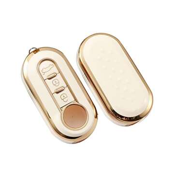 SANRILY Golden-edge 3 Button Key Fob Cover for Fiat 500 500C 500L 500X Keyless Full Protection Key Case Shell with Leather Keychain Off-white