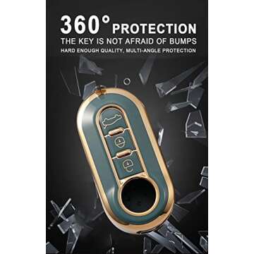 SANRILY Golden-edge 3 Button Key Fob Cover for Fiat 500 500C 500L 500X Keyless Full Protection Key Case Shell with Leather Keychain Off-white