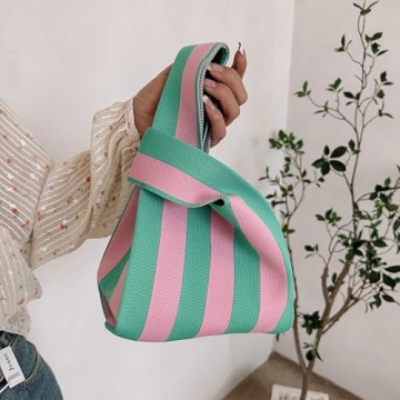 Anopo Women's Knotted Wristlet Knitted Bag Aesthetic Crochet Tote Bag Small Wrist Bag Sleeve-Knot-Pouch Striped Pink Green