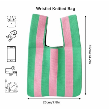 Anopo Women's Knotted Wristlet Knitted Bag Aesthetic Crochet Tote Bag Small Wrist Bag Sleeve-Knot-Pouch Striped Pink Green