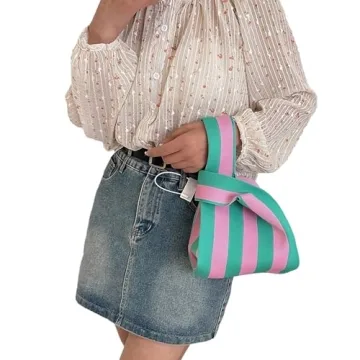 Anopo Women's Knotted Wristlet Knitted Bag Aesthetic Crochet Tote Bag Small Wrist Bag Sleeve-Knot-Pouch Striped Pink Green