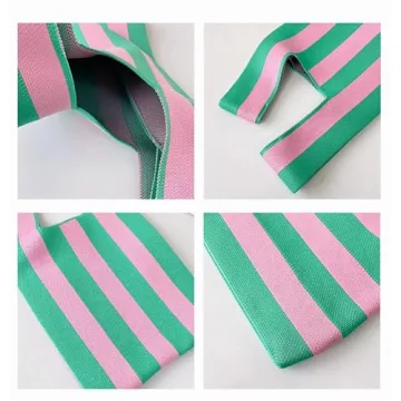 Anopo Women's Knotted Wristlet Knitted Bag Aesthetic Crochet Tote Bag Small Wrist Bag Sleeve-Knot-Pouch Striped Pink Green