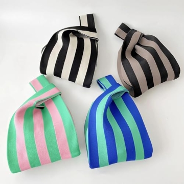 Anopo Women's Knotted Wristlet Knitted Bag Aesthetic Crochet Tote Bag Small Wrist Bag Sleeve-Knot-Pouch Striped Pink Green