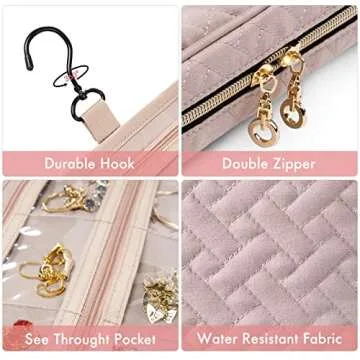 SFYBYHEART Travel Jewelry Organizer Case, Jewelry Travel Bags for Women, Large Capacity Travel Jewelry Case for Tangle-Free Earrings, Necklaces, Rings Storage, Travel Accessories, Pink.…