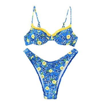 Floerns Women's Floral Frill Trim Underwire High Cut Two Piece Bikini Swimsuit Blue M