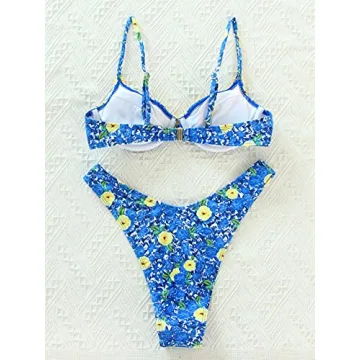 Floerns Women's Floral Frill Trim Underwire High Cut Two Piece Bikini Swimsuit Blue M