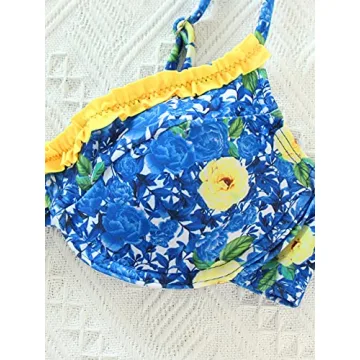 Floerns Women's Floral Frill Trim Underwire High Cut Two Piece Bikini Swimsuit Blue M