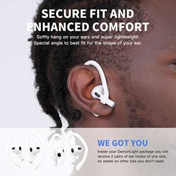 DamonLight Ear Hooks 2 Pairs for AirPods Pro 2 & 1, AirPods 4 & 3 & 2 & 1, Airpod Ear Hook, Anti-Slip Comfortable Fit, Ergonomic Design, AirPods Accessories (Small, White)