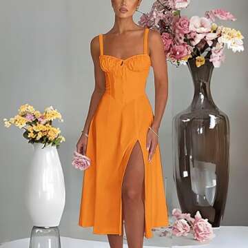 Women Sexy Corset Summer Dress Square Neck Sleeveless Slit Hem Backless Dress Lace up Flowy Sundress Floral Maxi Dress Spaghetti Strappy Vacation Dresses Orange