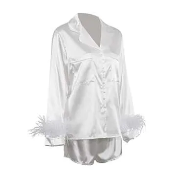 Rmasyea Women Satin Pajamas Set 2pcs Silk Cami Shorts Nighwear Party Sleepwear with Feather Trim (White, Medium)