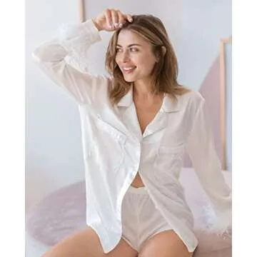 Rmasyea Women Satin Pajamas Set 2pcs Silk Cami Shorts Nighwear Party Sleepwear with Feather Trim (White, Medium)