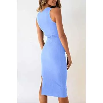 PRETTYGARDEN Women's Summer Midi Bodycon Dresses Casual Crew Neck Side Slit Sleeveless Knit Cut Out Tank Top Dress (Light Blue,Small)