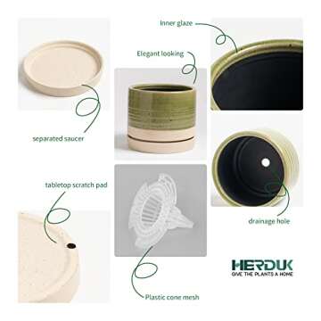 HERDUK 6 Inch Plant Pots, Ceramic Planter Pot with Drainage Hole & Saucer, Indoor/Outdoor Cylinder Round Planter Pot, Green & Beige