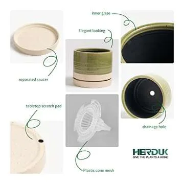 HERDUK 6 Inch Plant Pots, Ceramic Planter Pot with Drainage Hole & Saucer, Indoor/Outdoor Cylinder Round Planter Pot, Green & Beige