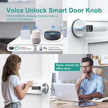 Fingerprint Door Lock, BIWIBON Smart Door Knob with App Control,100 Fingerprints Biometric Door Lock with Tuya App, Keyless Entry Door Lock, Electronic Door Knob for Bedroom Office Home-Silver