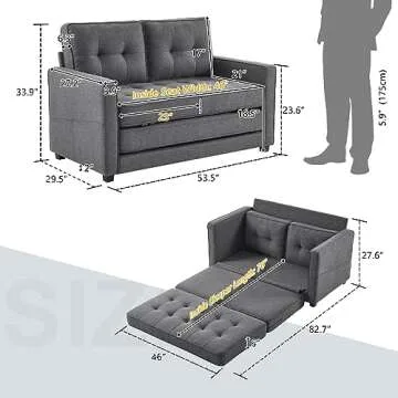 VINGLUpgraded Loveseat Sleeper, 53.5" W 83" L Convertible Sofa Bed Couch Futon Couches for Living Room, Twin Folding Couch Bed for Small Spaces, Foldable Floor Gaming Sofa Bed for Basement, Dark Grey