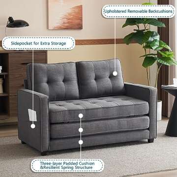 VINGLUpgraded Loveseat Sleeper, 53.5" W 83" L Convertible Sofa Bed Couch Futon Couches for Living Room, Twin Folding Couch Bed for Small Spaces, Foldable Floor Gaming Sofa Bed for Basement, Dark Grey