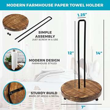 Tribello Modern Farmhouse Paper Towel Holders for Kitchen, Vintage Wire and Wood Countertop Paper Towel Holder