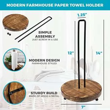Tribello Modern Farmhouse Paper Towel Holders for Kitchen, Vintage Wire and Wood Countertop Paper Towel Holder
