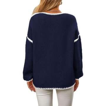 KIRUNDO Womens Sweaters 2025 Fall Oversized Long Sleeve Chunky Knit Crew Neck Contrast Stitching Pullover Winter Clothes(Royal Blue, Large)