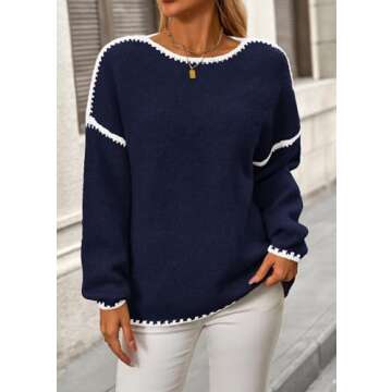KIRUNDO Womens Sweaters 2025 Fall Oversized Long Sleeve Chunky Knit Crew Neck Contrast Stitching Pullover Winter Clothes(Royal Blue, Large)
