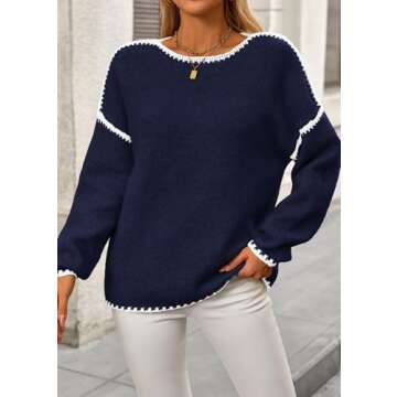KIRUNDO Womens Sweaters 2025 Fall Oversized Long Sleeve Chunky Knit Crew Neck Contrast Stitching Pullover Winter Clothes(Royal Blue, Large)