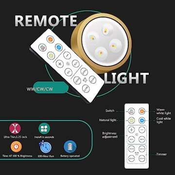 3-Pack Picture Light Battery Operated, Magnetic Led Lights with Remote, Dimmable and Timer Painting Light, Art Display Light for Picture Frame Artworking Portrait, Home Wall Decor Puck Lights, Gold