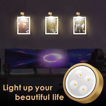 3-Pack Picture Light Battery Operated, Magnetic Led Lights with Remote, Dimmable and Timer Painting Light, Art Display Light for Picture Frame Artworking Portrait, Home Wall Decor Puck Lights, Gold