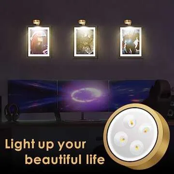 3-Pack Picture Light Battery Operated, Magnetic Led Lights with Remote, Dimmable and Timer Painting Light, Art Display Light for Picture Frame Artworking Portrait, Home Wall Decor Puck Lights, Gold