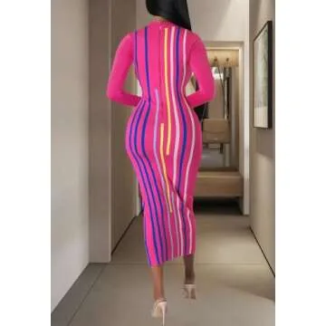 Women's Sexy Stretchy Midi Dress Long Sleeve Bodycon Print Party Club Dresses