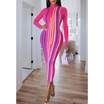 Women's Sexy Stretchy Midi Dress Long Sleeve Bodycon Print Party Club Dresses