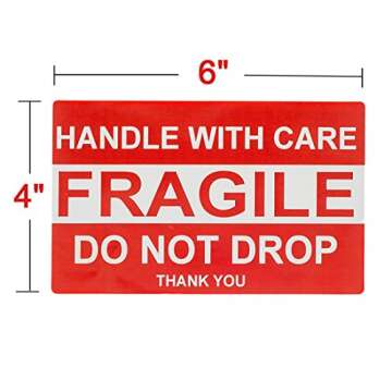 SJPACK Large Fragile Stickers 4'' x 6'' Eye-catching Fragile - Handle with Care - Do Not Drop - Than...