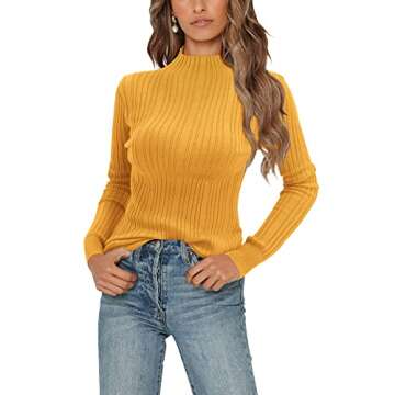 OUGES 2023 Women's Lightweight Sweaters Long Sleeve Cable Knit Mock Turtleneck Pullover(Yellow, XL)