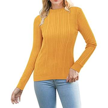 OUGES 2023 Women's Lightweight Sweaters Long Sleeve Cable Knit Mock Turtleneck Pullover(Yellow, XL)