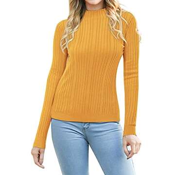 OUGES 2023 Women's Lightweight Sweaters Long Sleeve Cable Knit Mock Turtleneck Pullover(Yellow, XL)