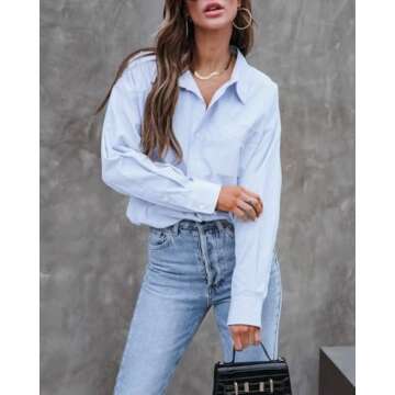 Womens Long Sleeve Button Down Shirts Fall 2025 Casual Loose V Neck Blouses Business Work Oversized Button Up Tops Blue,S