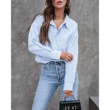Womens Long Sleeve Button Down Shirts Fall 2025 Casual Loose V Neck Blouses Business Work Oversized Button Up Tops Blue,S