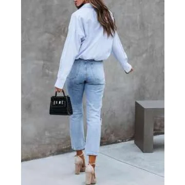 Womens Long Sleeve Button Down Shirts Fall 2025 Casual Loose V Neck Blouses Business Work Oversized Button Up Tops Blue,S