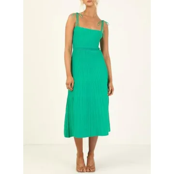 ARTFREE Womens Ribbed Knit Summer Maxi Dresses Tie Straps Square Neck Party Long Dress Green L