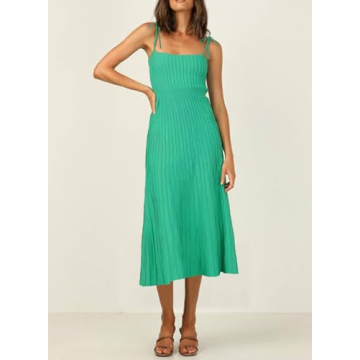 ARTFREE Womens Ribbed Knit Summer Maxi Dresses Tie Straps Square Neck Party Long Dress Green L