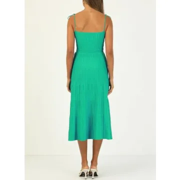 ARTFREE Womens Ribbed Knit Summer Maxi Dresses Tie Straps Square Neck Party Long Dress Green L